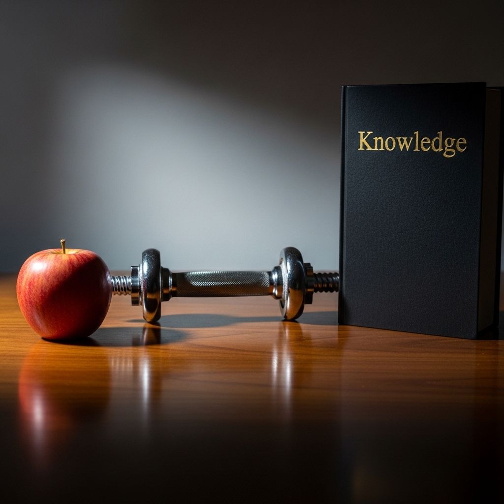 Composition visuelle cinématographique de trois objets symboliques placés sur une table en bois éclairés par une lumière tamisée directionnelle, une pomme pour la nutrition, une petite haltère pour l'activité et un coussin pour le repos, avec des ombres profondes créant du contraste