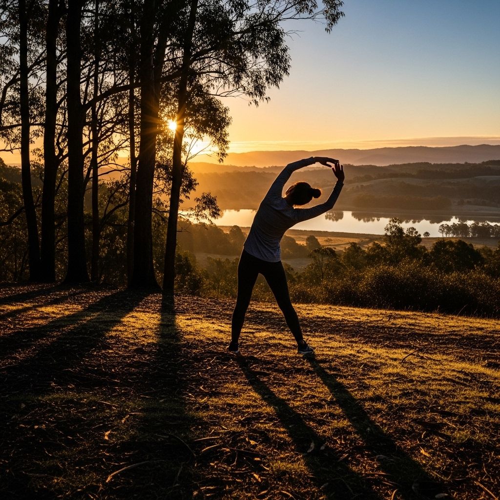 Une personne effectuant des étirements doux au lever du soleil dans un environnement naturel serein avec des ombres profondes et une lumière chaude symbolisant l'harmonie et la vitalité