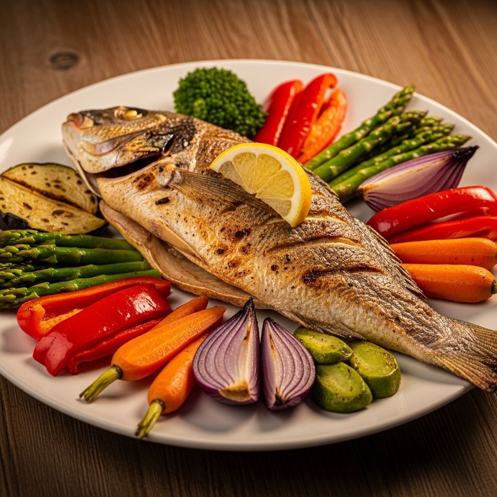 Assiette équilibrée avec du poisson grillé et des légumes colorés sur une table en bois avec un éclairage cinématographique chaleureux illustrant les protéines et une alimentation saine